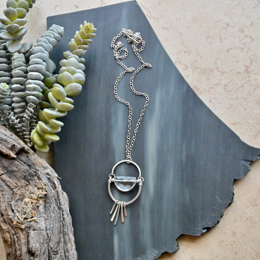 Hammered Hoops: Quartz Crystal + Silver Necklace