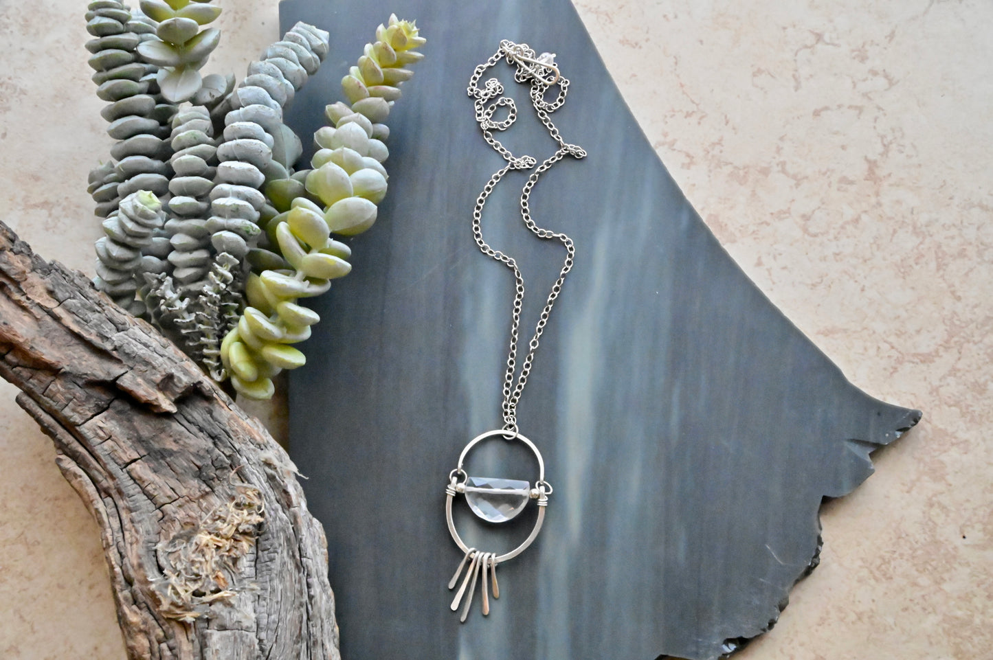Hammered Hoops: Quartz Crystal + Silver Necklace