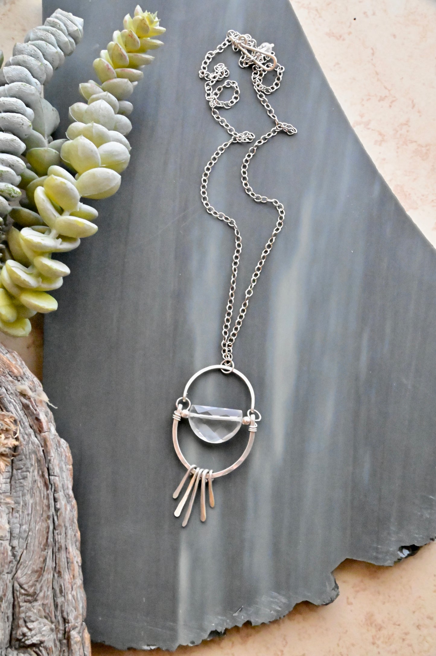 Hammered Hoops: Quartz Crystal + Silver Necklace