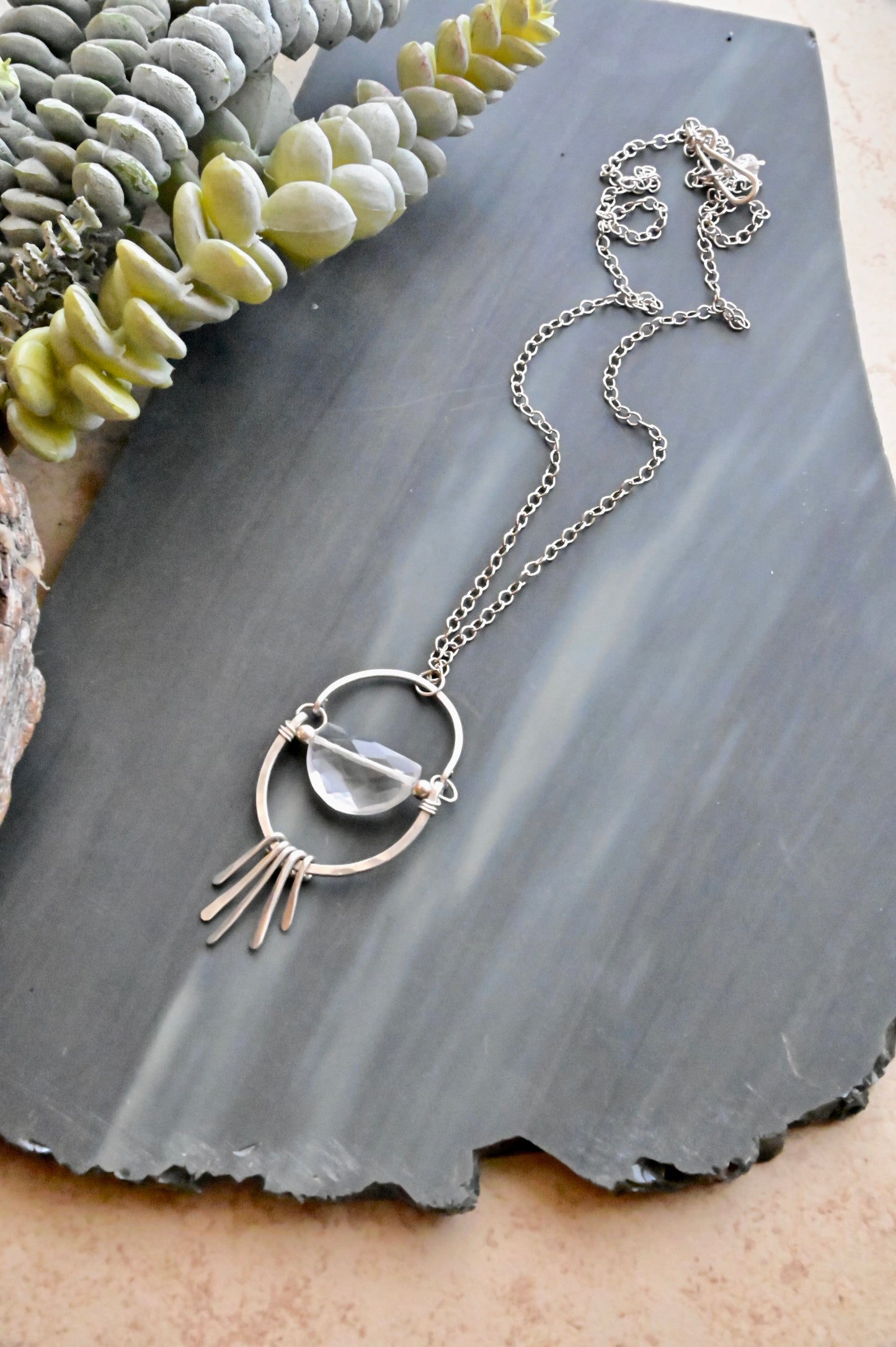 Hammered Hoops: Quartz Crystal + Silver Necklace