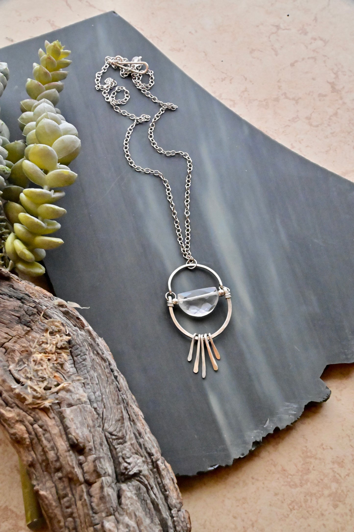 Hammered Hoops: Quartz Crystal + Silver Necklace