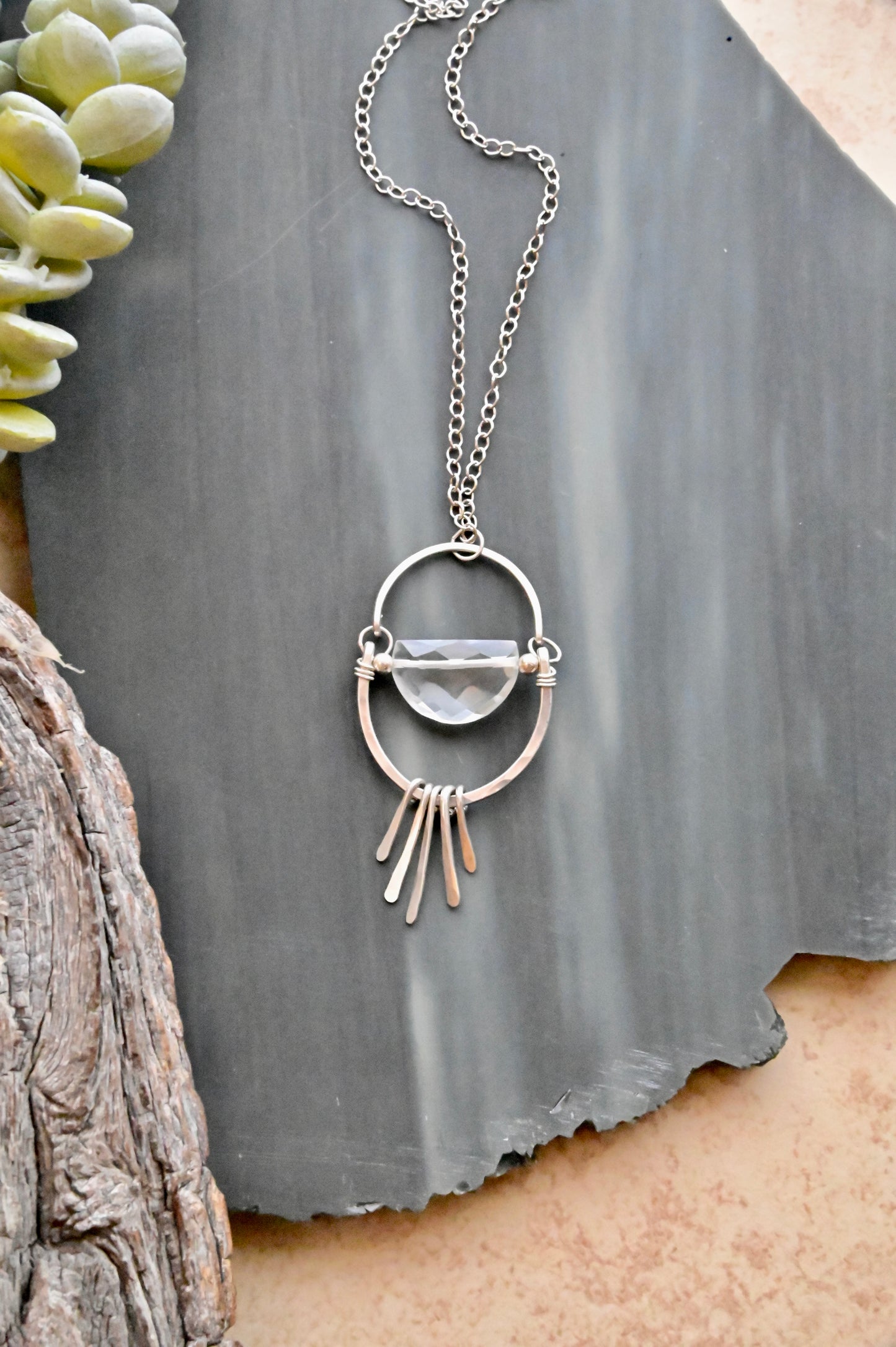 Hammered Hoops: Quartz Crystal + Silver Necklace