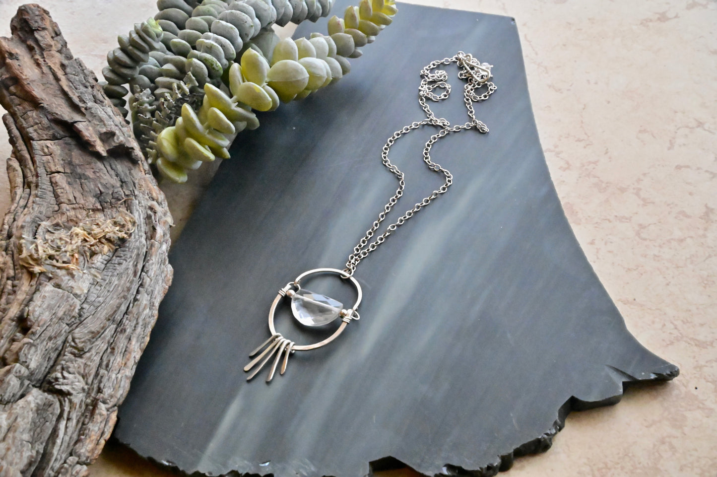 Hammered Hoops: Quartz Crystal + Silver Necklace