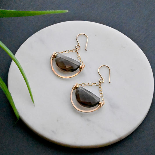 Hammered Hoops: Smoky Quartz + Gold Earrings
