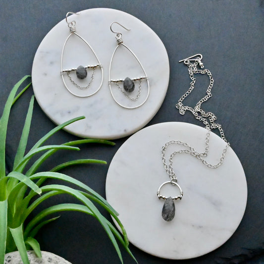 Hammered Hoops: Tourmaline Quartz + Silver Necklace + Earrings