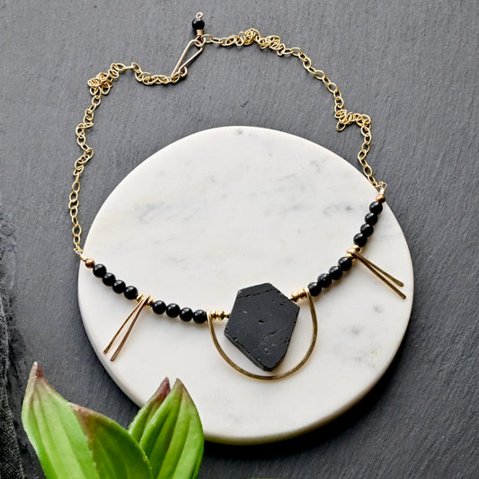 Hammered Hoops: Black Tourmaline + Gold Necklace