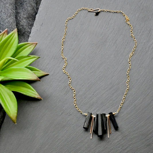 Sticks & Stones: Black Tourmaline + Gold + Silver Necklace