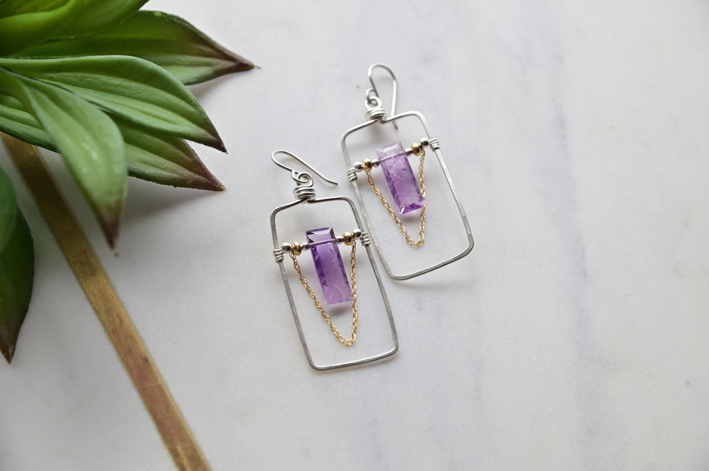 Hammered Hoops: Amethyst + Silver + Gold Earrings