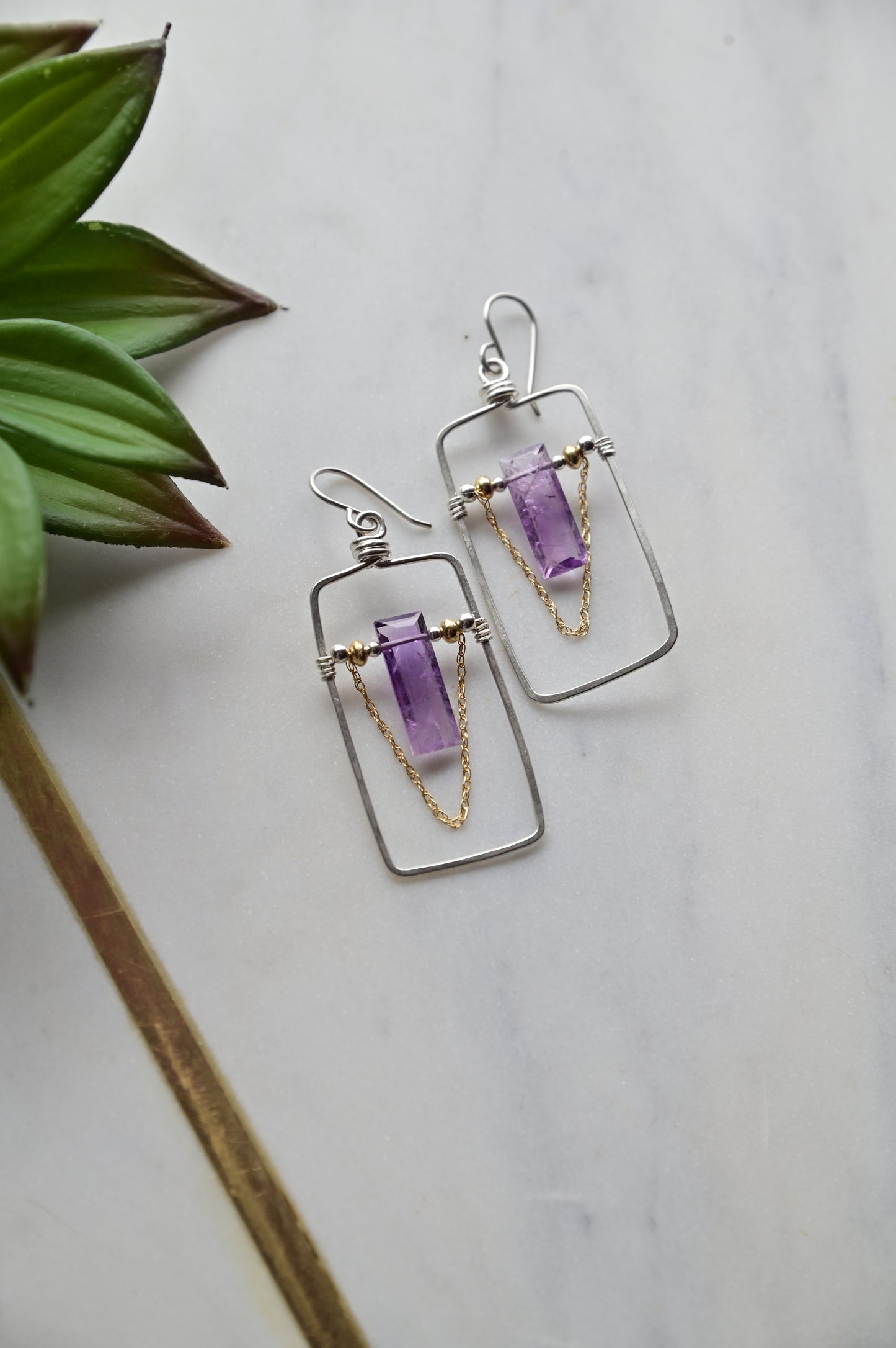 Hammered Hoops: Amethyst + Silver + Gold Earrings