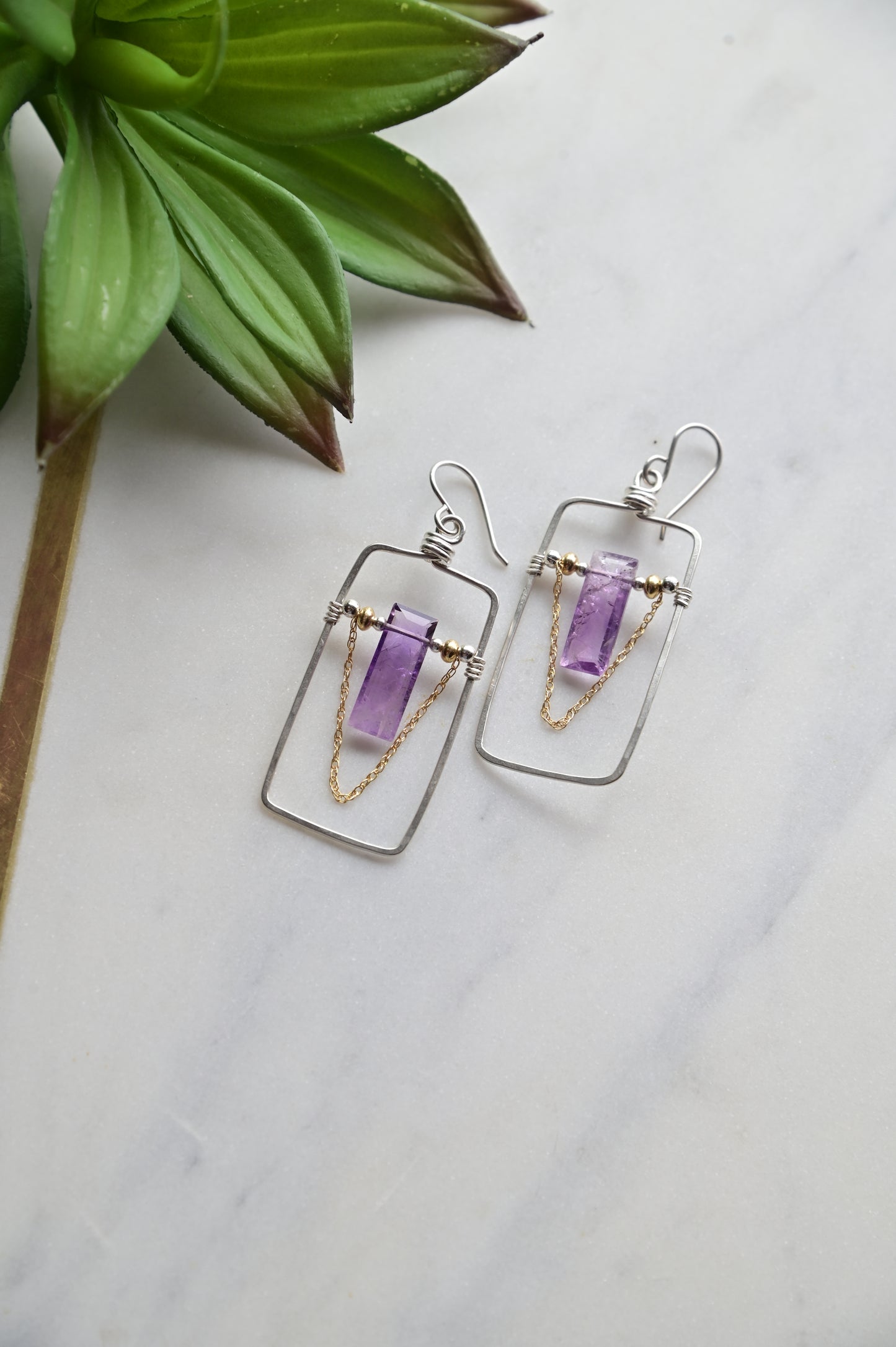 Hammered Hoops: Amethyst + Silver + Gold Earrings
