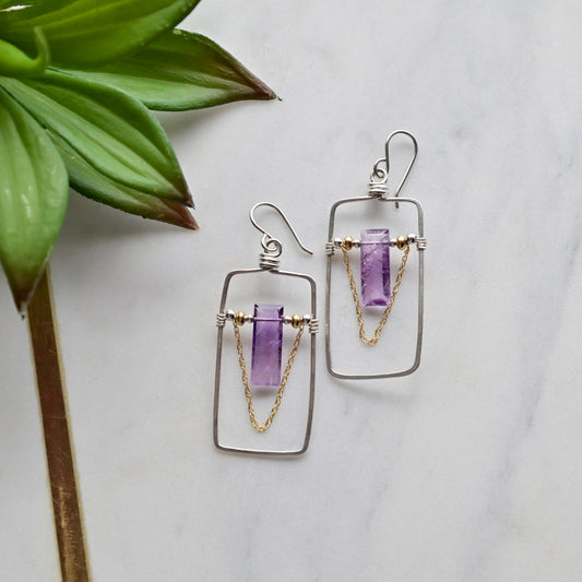 Hammered Hoops: Amethyst + Silver + Gold Earrings