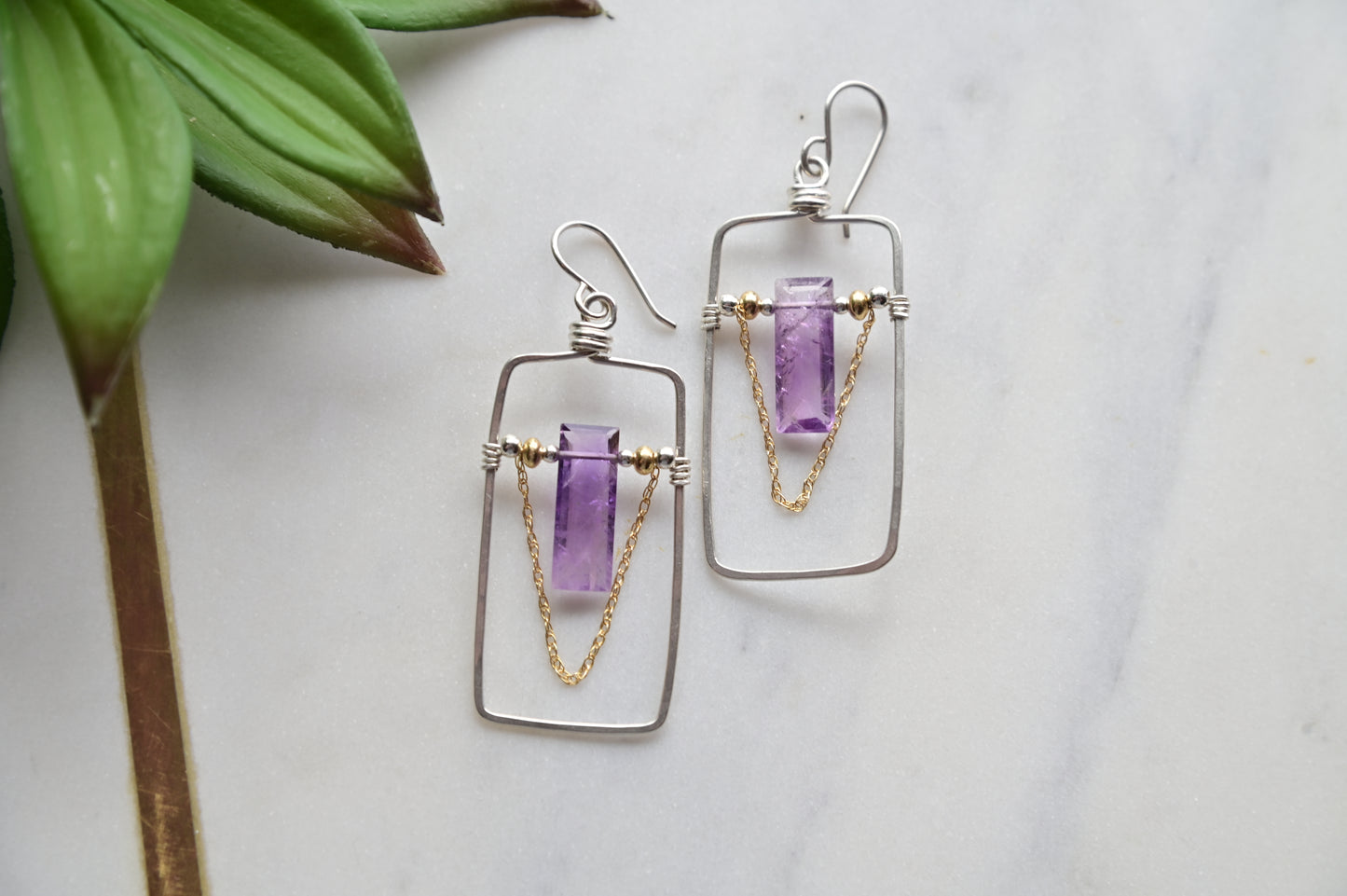 Hammered Hoops: Amethyst + Silver + Gold Earrings