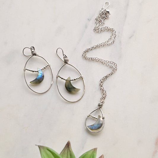 Hammered Hoops: Labradorite + Silver Necklace and Earrings