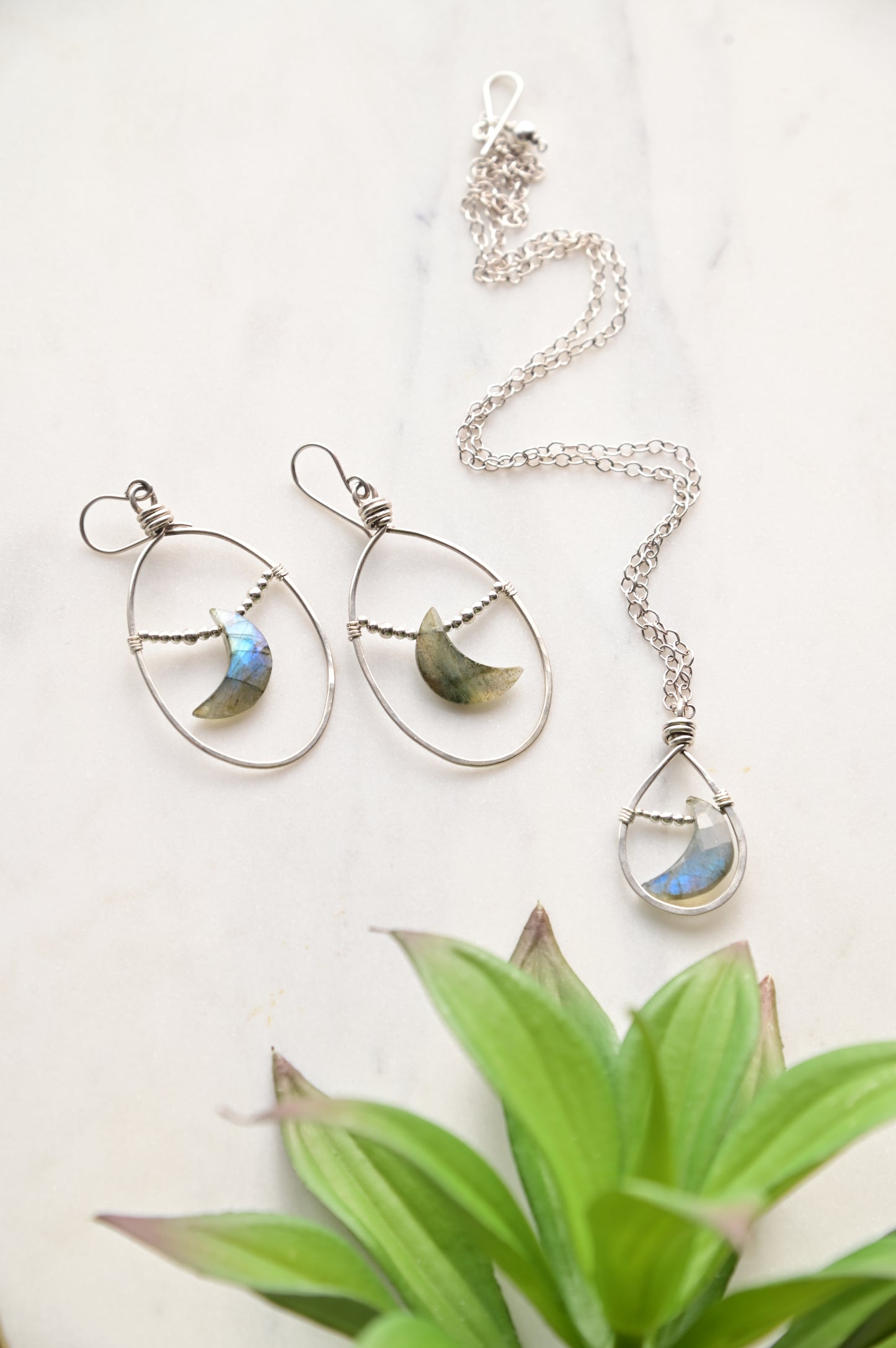 Hammered Hoops: Labradorite + Silver Necklace and Earrings